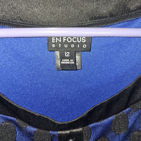 Enfocus Studio Blue Dress Women Size 12 Black Polka Dot Mesh Layer w Pockets - Picture 3 of 10